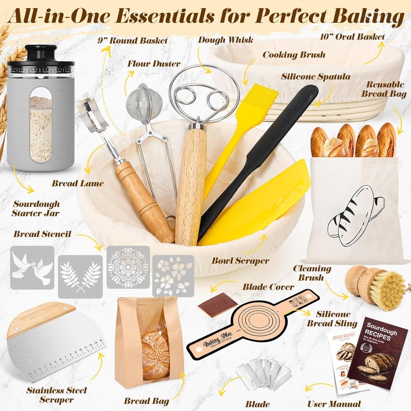 Risecret Sourdough Starter Kit with Sourdough Starter Jar, 9"Round and 10"Oval Rattan Banneton Bread Proofing Basket Set, Sourdough Baking Tools, Bread Making Supplies Gift for Bakers all - Image 2